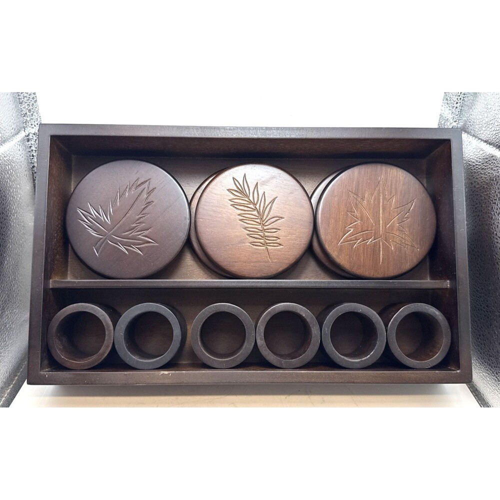 Carved Wooden leaf coasters and Napkin Rings Set of 6 each with display